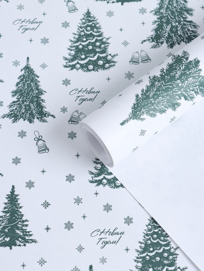 Бумага упаковочная новогодняя крафт, «Ёлки», на белом 75 г/м² 0.72×10 м