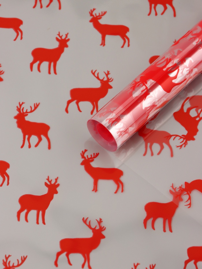 Пленка новогодняя глянцевая «Северные олени», прозрачная, красный, 0.7×7.5 м, 40 мкм, 200 г - Фото 1