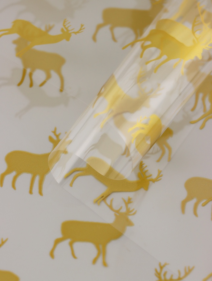 Пленка новогодняя глянцевая «Северные олени», прозрачная, золото, 0.7×7.5 м, 40 мкм, 200 г