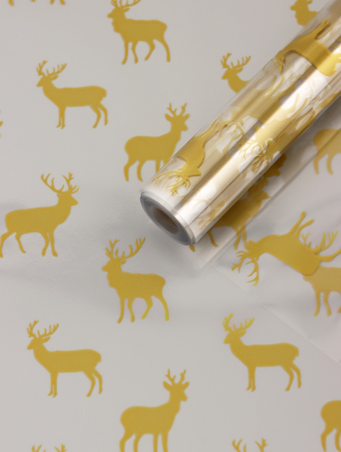 Пленка новогодняя глянцевая «Северные олени», прозрачная, золото, 0.7×7.5 м, 40 мкм, 200 г - Фото 1