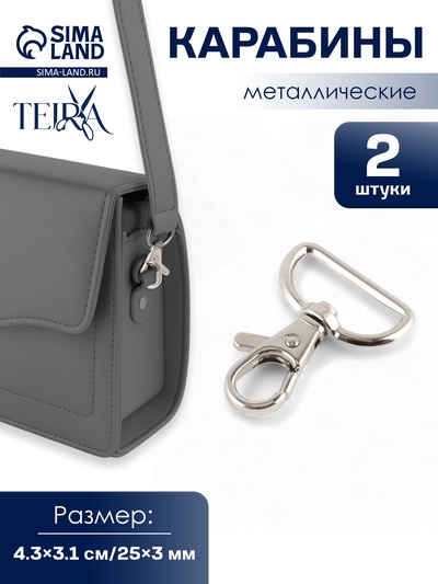 Карабин металлический TEIRA, набор 2 шт., 9.1 г, 4.3×3.1 см/25×3 мм, цвет серебряный