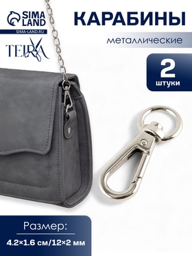 Карабин металлический TEIRA, набор 2 шт.,6.2 г 4.2×1.6 см/12×2 мм, цвет серебряный