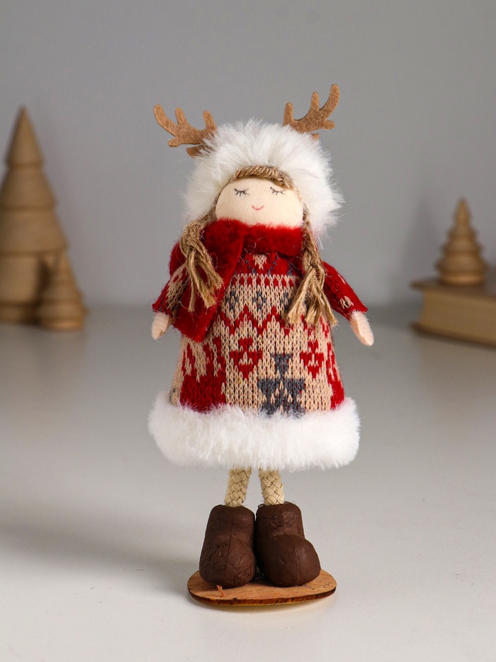 Интерьерная кукла текстильная «Малышка в вязаном платье в шапке с рожками», 6.5×6.5×16.5 см - Фото 1