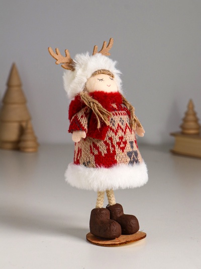 Интерьерная кукла текстильная «Малышка в вязаном платье в шапке с рожками», 6.5×6.5×16.5 см