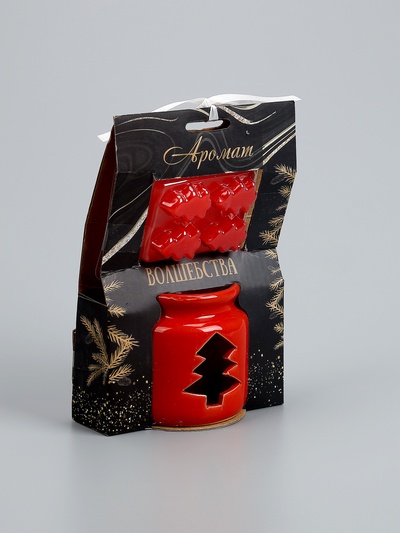 УЦЕНКА Набор: Аромалампа для эфирных масел, мелтсы из воска ароматические «Ёлочка», красная, 7.5×7.5×8 см