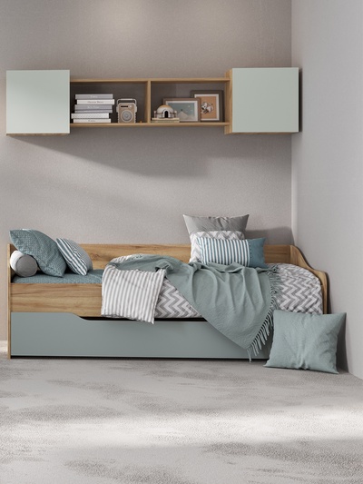 Кровать выдвижная «Челси» Color, 2 спальных места, верх 900×2000 мм, низ 900×1960 мм, цвет дуб крафт, сумеречный голубой