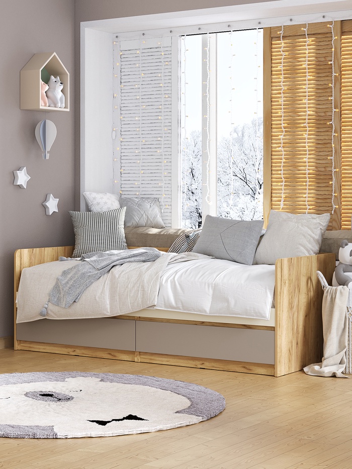 Кровать односпальная «Челси» Color, спальное место 800×2000 мм, цвет слоновая кость/глиняный серый/дуб крафт - Фото 1