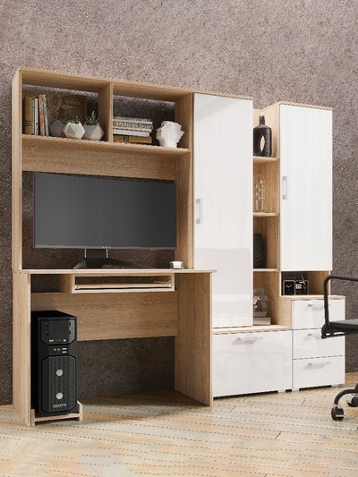 Стол компьютерный №6, со шкафами, 2000×538×1796 мм, цвет белый глянец/сонома