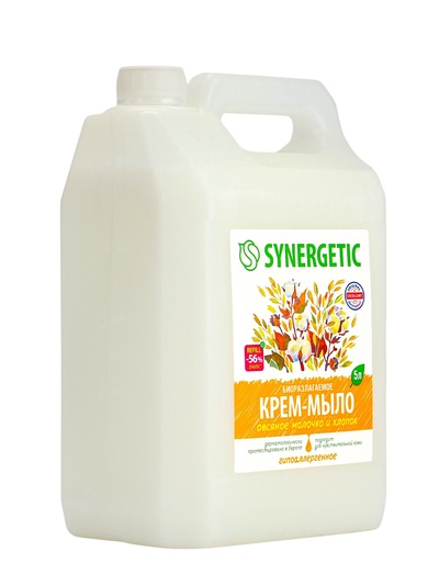 Крем-мыло жидкое SYNERGETIC «Овсяное молочко и хлопок», биоразлагаемое, для мытья рук и тела, 5 л