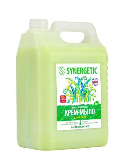 Крем-мыло жидкое SYNERGETIC, биоразлагаемое, для мытья рук и тела «Алоэ вера», 5 л