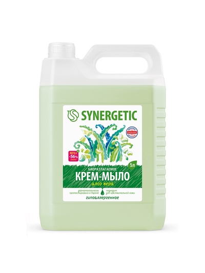 Крем-мыло жидкое SYNERGETIC, биоразлагаемое, для мытья рук и тела «Алоэ вера», 5 л