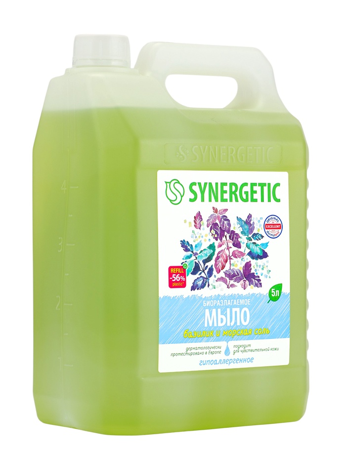 Мыло жидкое SYNERGETIC, биоразлагаемое, для мытья рук и тела «Базилик и морская соль», 5 л - Фото 1