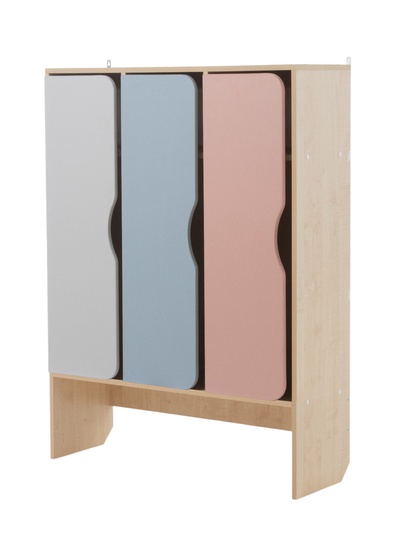 Шкаф для детского сада «Скандинавия», 3 секции, с нишей под скамью, 964×320×1300 мм, цвет клён/розовый/кенди/серый