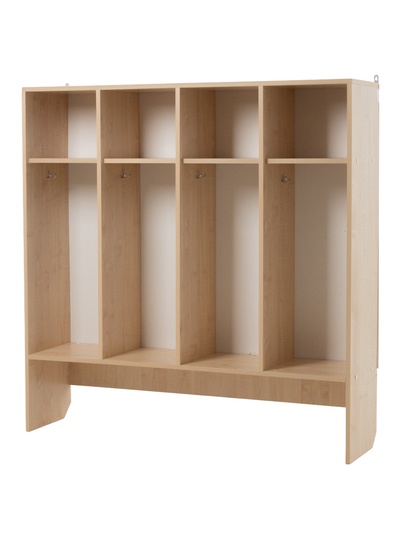 Шкаф для детского сада «Скандинавия», 4 секции, с нишей под скамью, 1280×320×1300 мм, цвет клён/кенди/серый/розовый