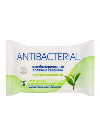 Влажные салфетки антибактериальные, с экстрактом зелёного чая, 15 шт.
