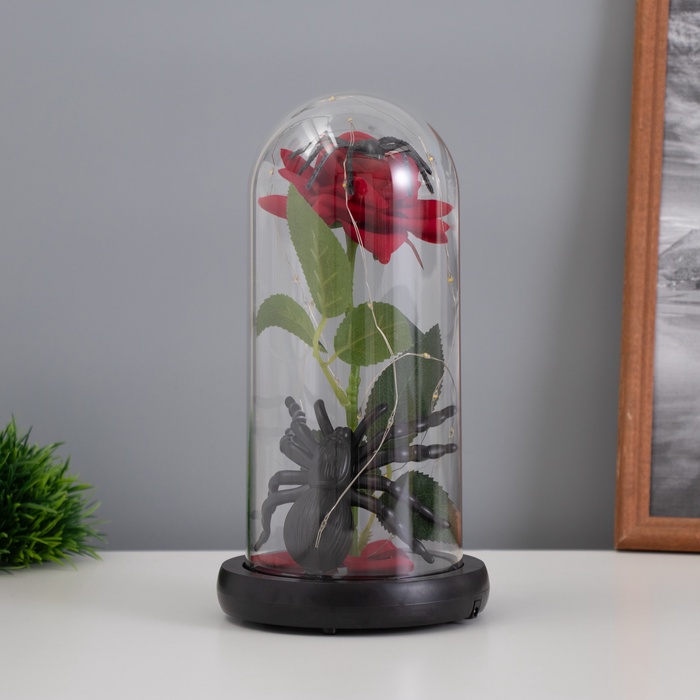 УЦЕНКА Фигурка светящаяся колба RISALUX «Паук с розой», LED-ночник, 1.5 Вт, 3×AAA, чёрный, USB, 11×11×21 см - Фото 1