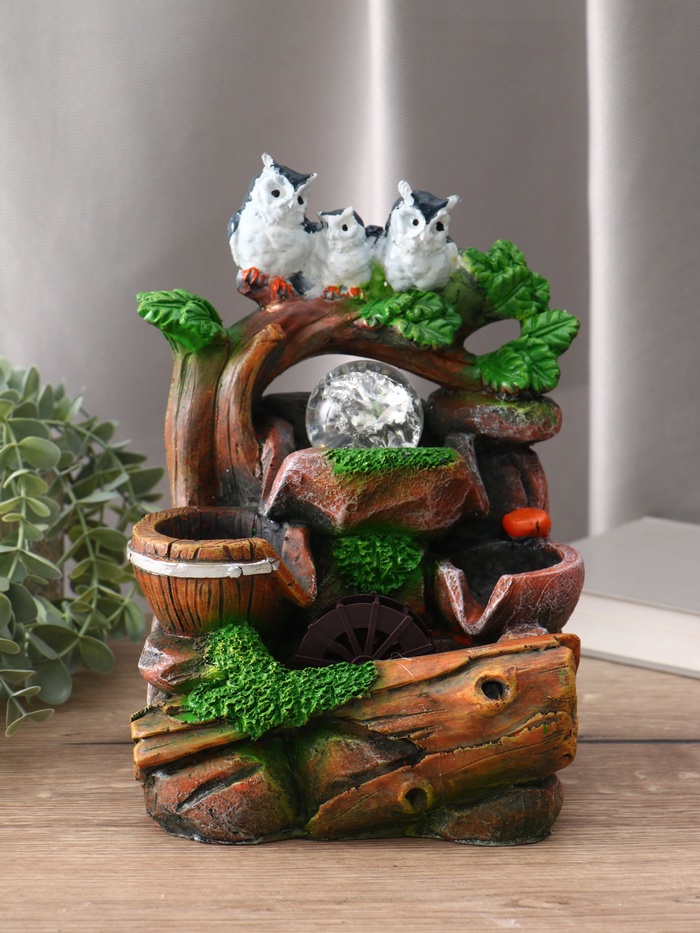 Фонтан настольный «Совы на дереве», 25.5×17×14 см, с подсветкой