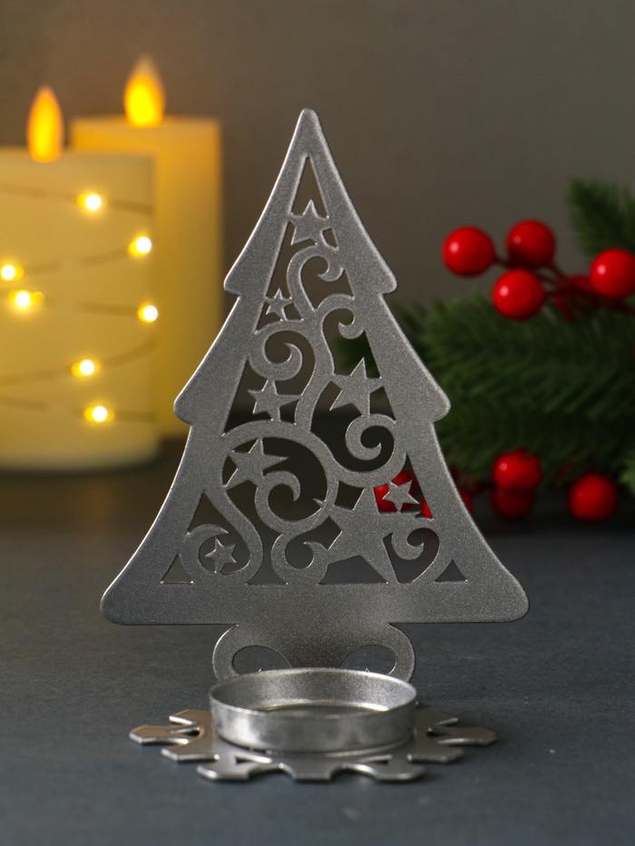 Подсвечник на 1 свечу «Ёлка новогодняя со звёздами», металл, серебряный, 6.6×9×12.5 см - Фото 1