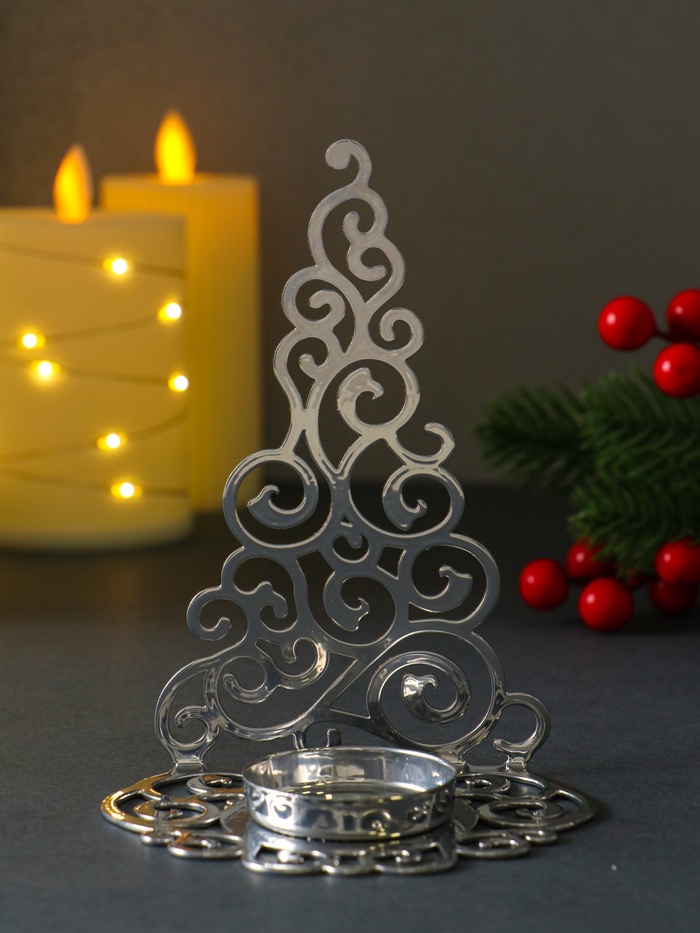 Подсвечник на 1 свечу «Ёлка новогодняя нарядная», металл под хром, 10×7.5×13.5 см - Фото 1