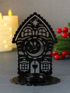 Подсвечник на 1 свечу «Домик новогодний с часами», металл, чёрный, 6.7×10×13.5 см - Фото 1