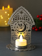 Подсвечник на 1 свечу «Домик новогодний с часами», металл, серебряный, 6.7×10×13.5 см - Фото 2