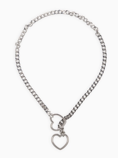Цепочка на шею два сердца, затяжка, цвет серебро