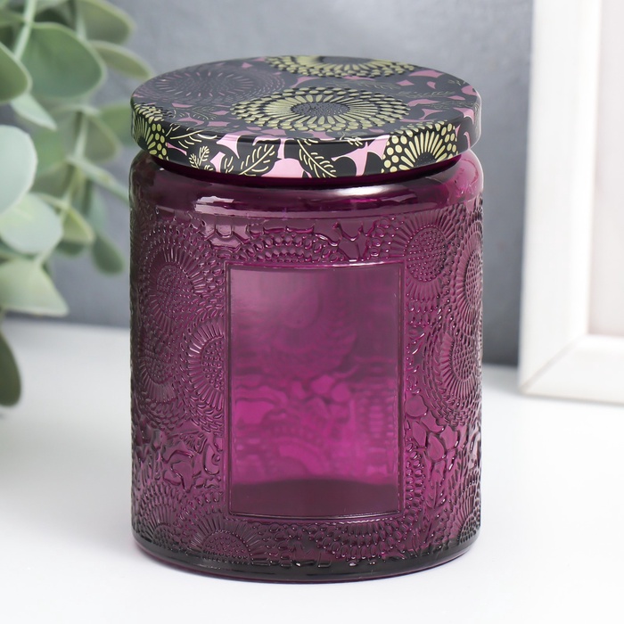 УЦЕНКА Банка для свечей стекло с крышкой «Цветочная» фиолет, цилиндр 9×7×7 см - Фото 1
