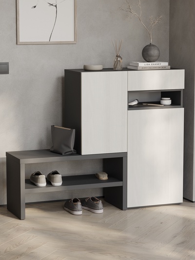 Тумба для обуви, 1250×354×1000 мм, цвет графит/рамух белый