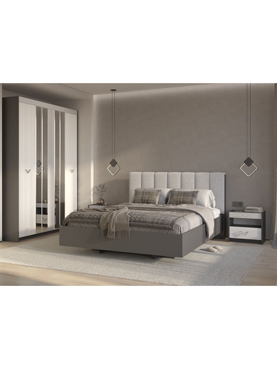 Кровать двуспальная, с мягким изголовьем, 1664×2155×1050 мм, цвет графит/ТКШ светло – серый