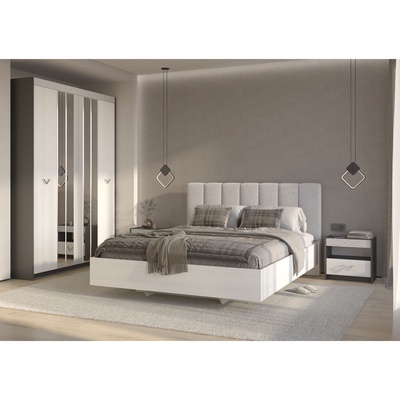 Кровать двуспальная, с мягким изголовьем, 1664×2155×1050 мм, цвет рамух белый/ТКШ светло – серый