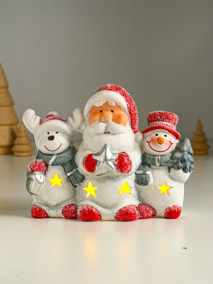 Фигурка светящаяся «Дед Мороз, снеговик и лосик», керамика, 15.5×5.8×11.5 см - Фото 1