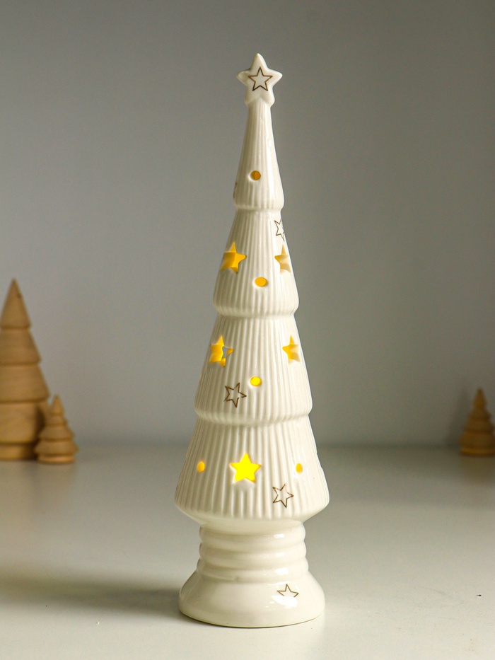 Фигурка светящаяся «Ёлочка со звёздами», керамика, белый с золотом, 7×7×24 см - Фото 1