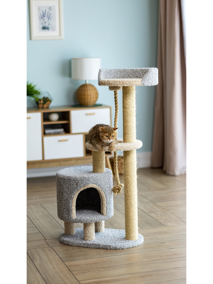 Комплекс для кошек с когтеточкой, с лежанкой «Мика» 70×42×130 см, сизаль, серый - Фото 1