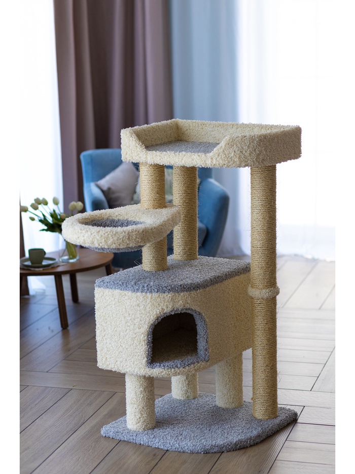 Комплекс для кошек с когтеточкой, с лежанкой «Угляша» 55×55×115 см, сизаль, серый