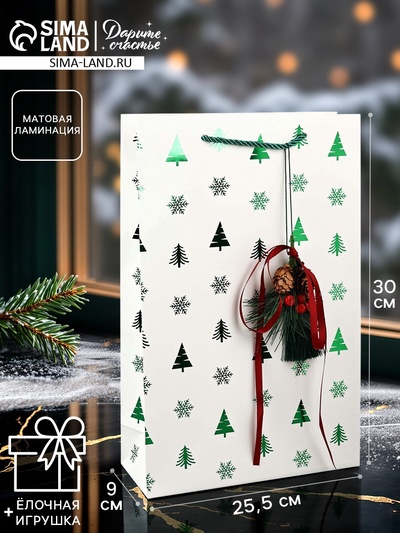 Пакет подарочный «Новогодний сюрприз», тиснение, с шишками и бахромой, 25.5×9×30 см