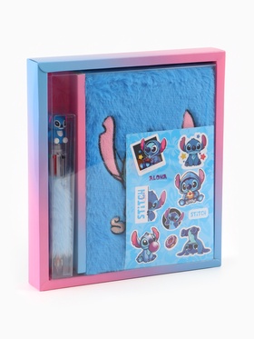 Блокнот пушистый и ручка многоцветная «Стич», голубой