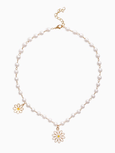 Колье на жемчужной дорожке «Ромашка», белое в золоте 40, d=6