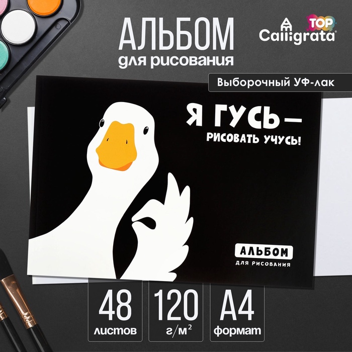 УЦЕНКА Альбом д/рис А4 48 л клей Гусь, обл мел карт, выб УФ-лак, бл офс 120 г/м² - Фото 1