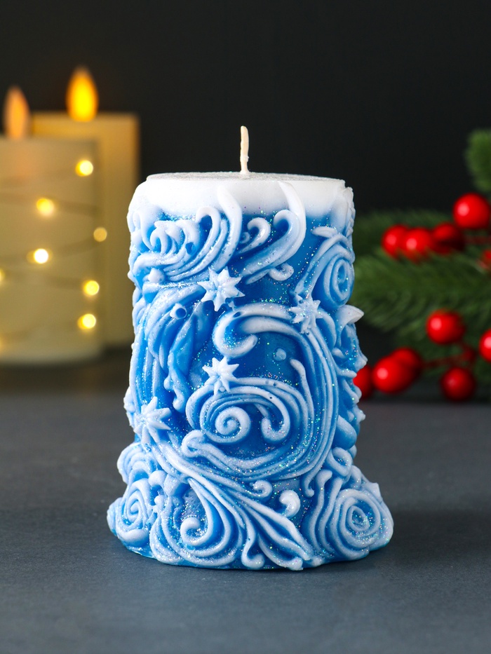 Свеча новогодняя столбик «Резная», синий, 10×7×7.5 см - Фото 1