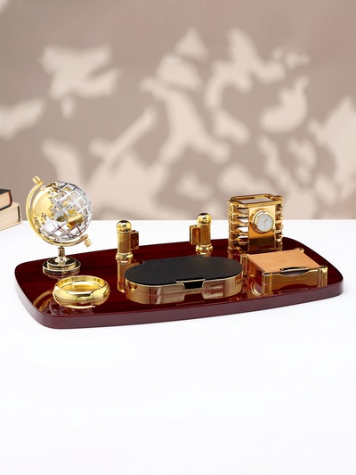 УЦЕНКА Набор настольный 6 в 1 с визитницей и часами, красное дерево