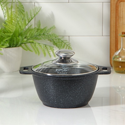 УЦЕНКА Кастрюля 1 л со стеклянной крышкой, АП (темный мрамор)