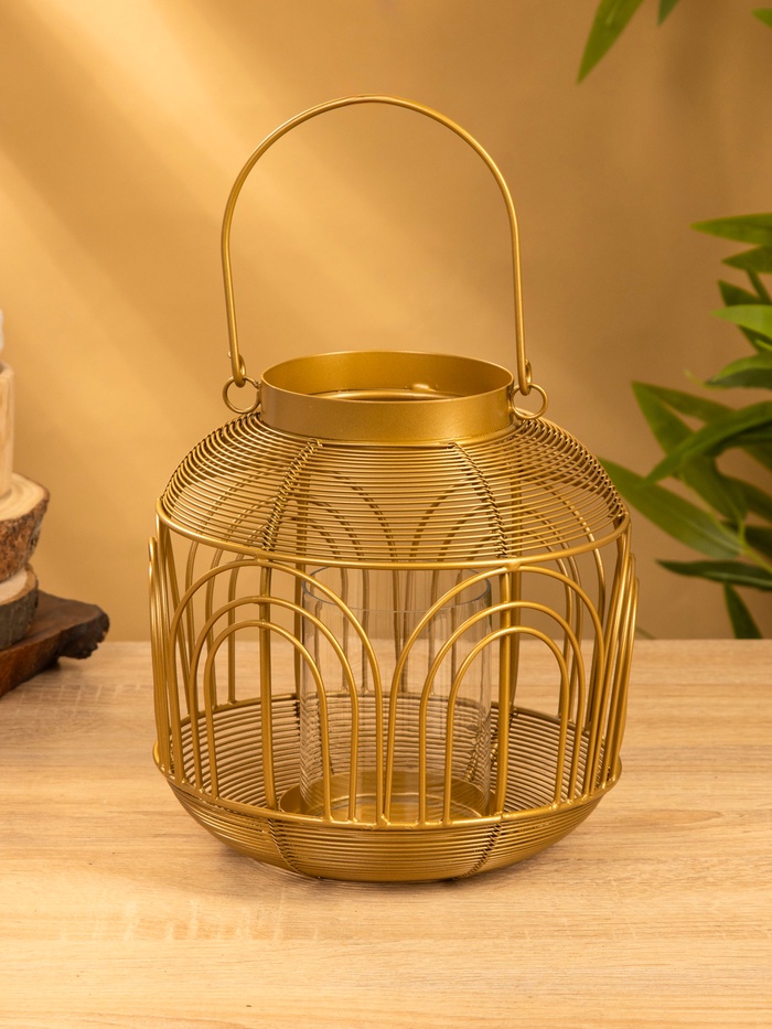 Подсвечник фонарь со стеклянной колбой, 19×19×19.5 см, d=8.5 см, металл, золотистый
