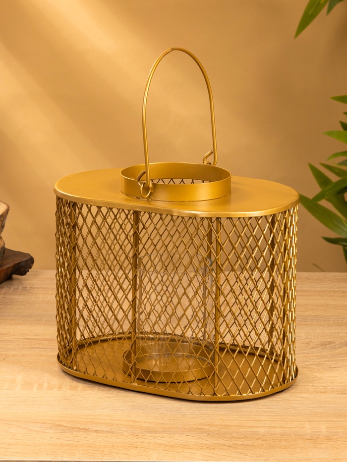 Подсвечник фонарь со стеклянной колбой, 19.5×23×15.5 см, d=10 см, металл, золотистый