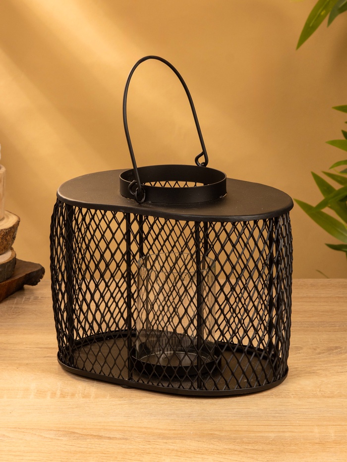 Подсвечник фонарь со стеклянной колбой, 19.5×23×15.5 см, d=10 см, металл, чёрный