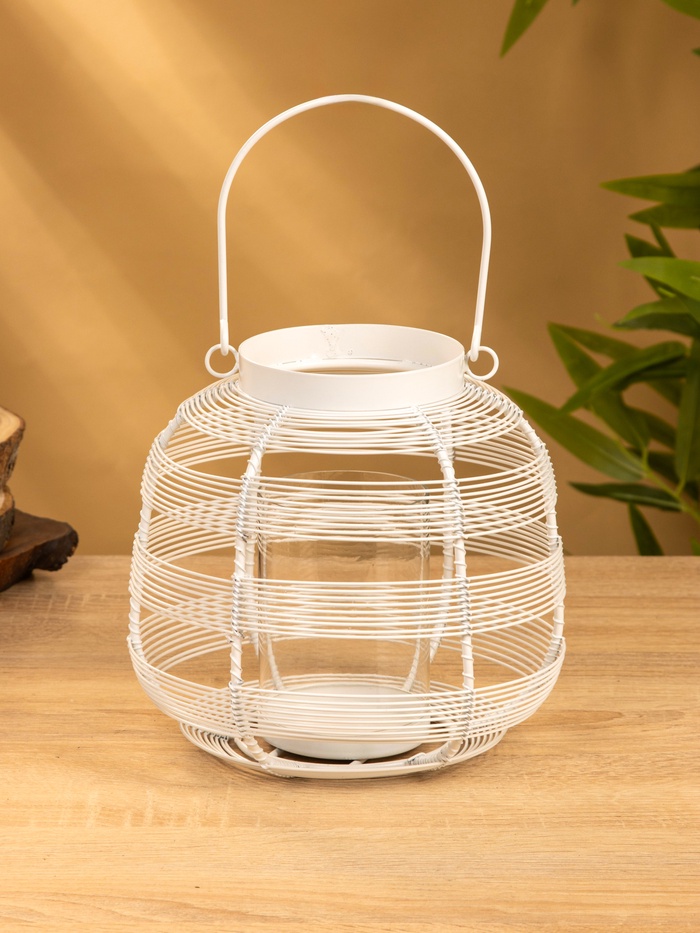 Подсвечник фонарь со стеклянной колбой, 19×19×18 см, d=7.5 см, металл, белый