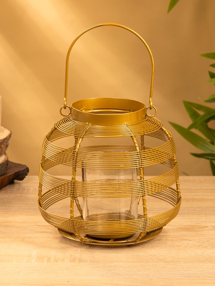 Подсвечник фонарь со стеклянной колбой, 19×19×18 см, d=7.5 см, металл, золотистый