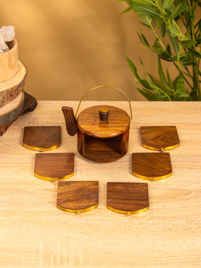 Подставка под горячее «Чайник», с золотыми вставками, набор 6 шт., 10×12×8 см, дерево шишам - Фото 1