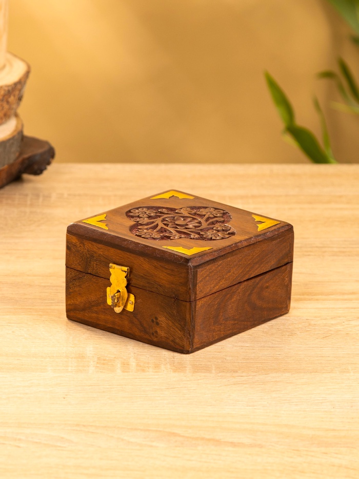 Шкатулка квадратная с замочком, 10×10×6 см, дерево шишам, латунь - Фото 1