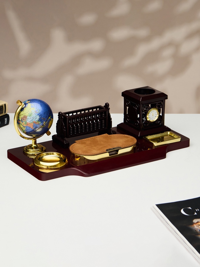 УЦЕНКА Набор настольный 6в1с визитницей и часами, вишня - Фото 1