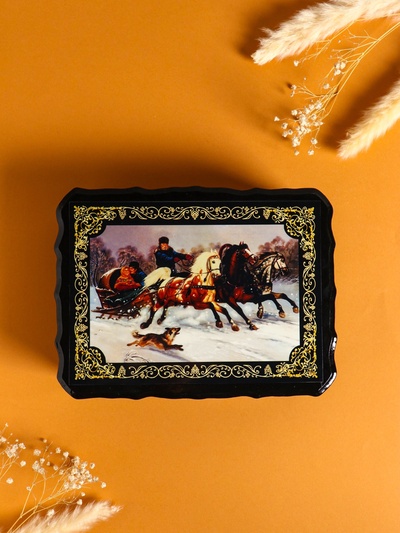 Шкатулка для украшений «Тройка коней», 17×23×6 см, лаковая миниатюра